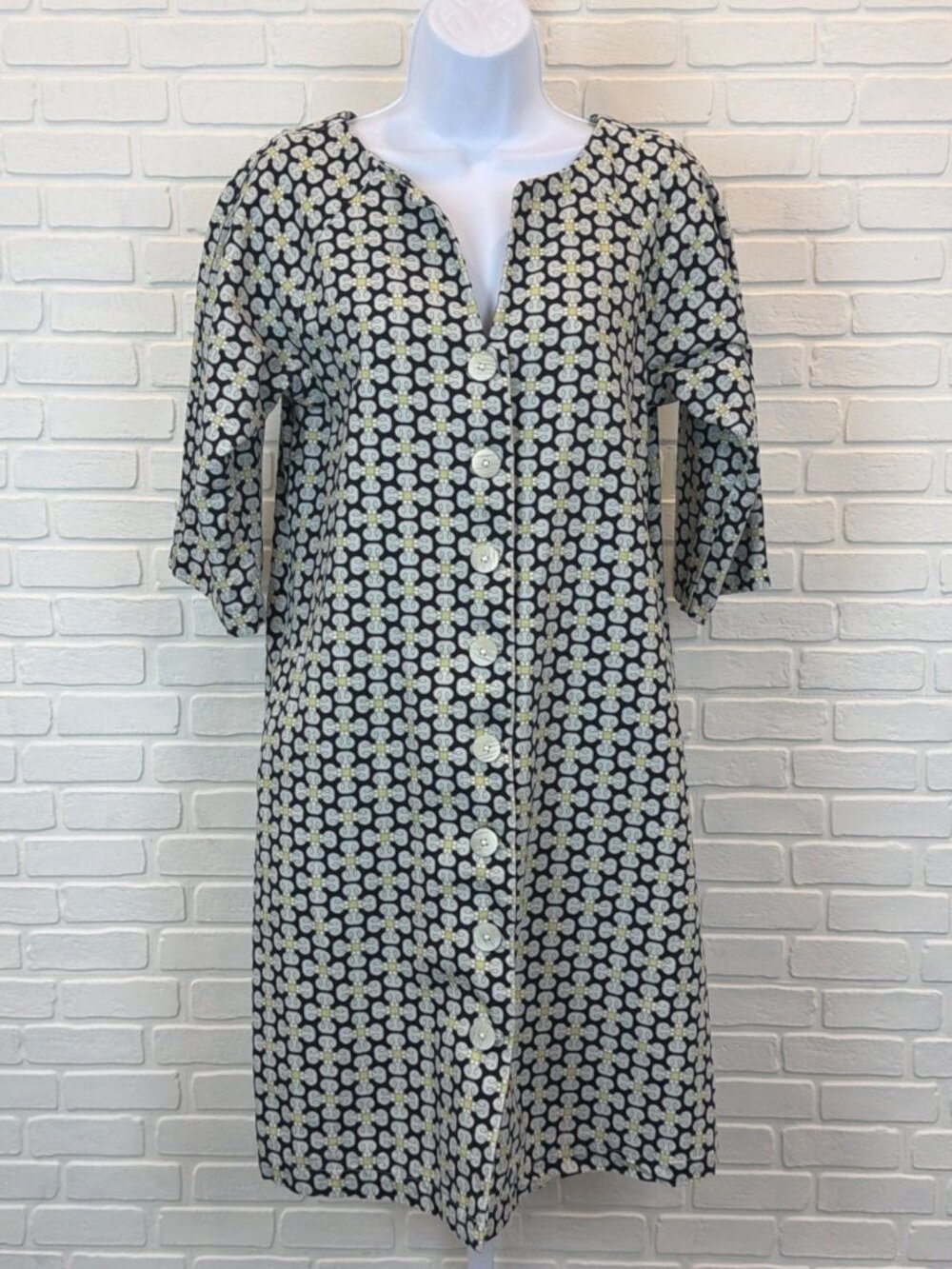 Lesley Evers Geometric Print Shift Dress Navy Button Front Medium